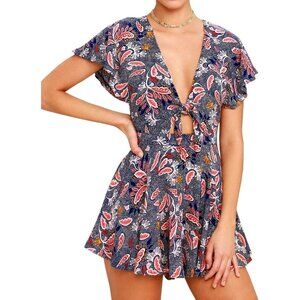 Women’s Sexy V Neck Self Tie Front Romper Short Jumpsuit Playsuit Mini Outfit Ro